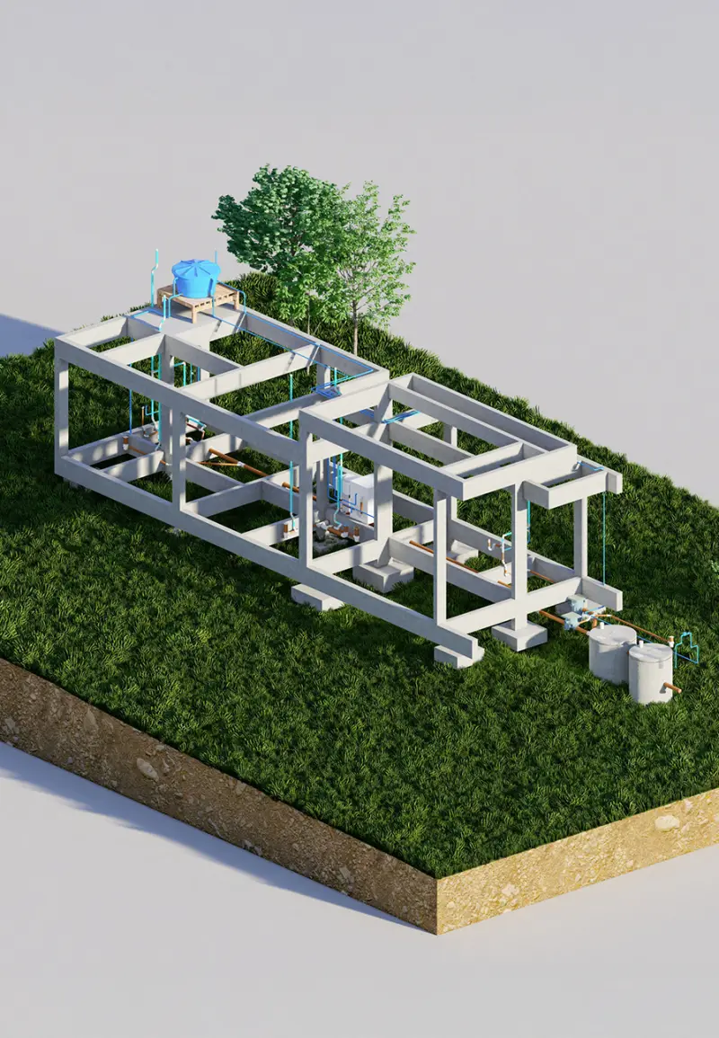 Modelo 3D de fundação e estrutura com as tubulações já posicionadas