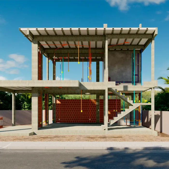Casa de dois pavimentos em estrutura de concreto com instalações aparentes